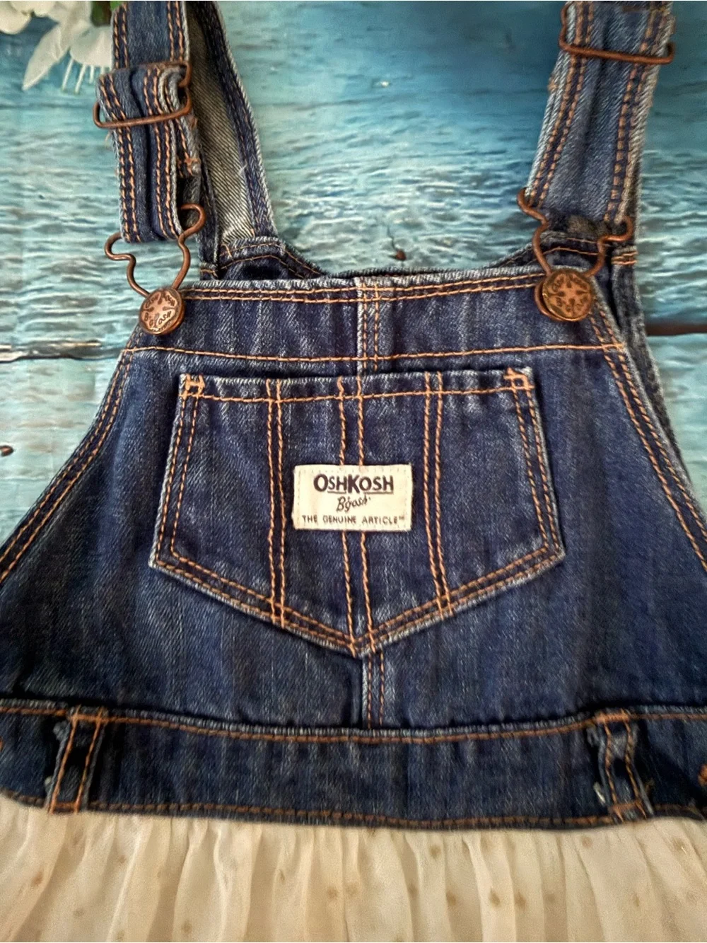 Retro OshKosh B'gosh Denim Bib & Ivory Tulle Overall Dress for Kids 3T